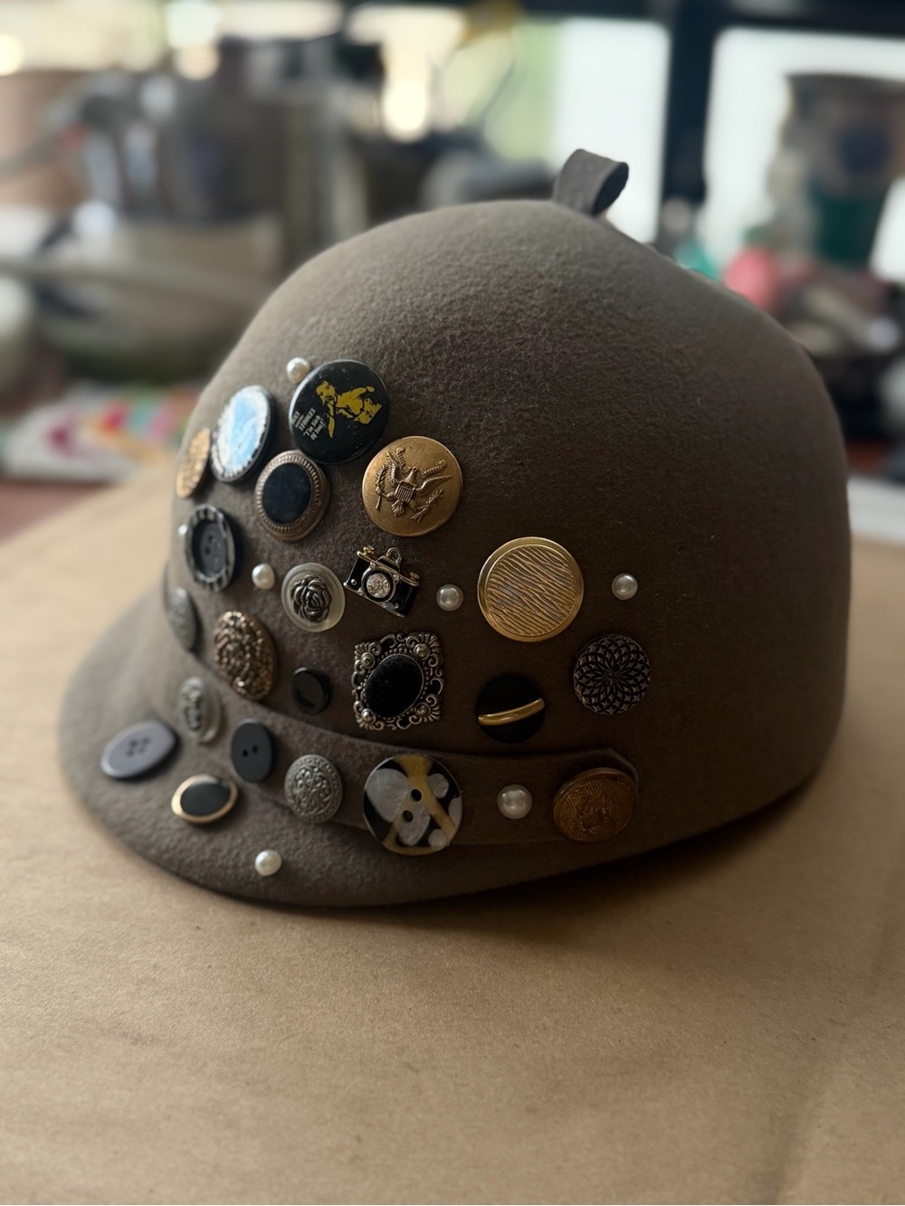 Unique Embellished Gray Hat Vintage Style Buttons & Pins Statement Piece